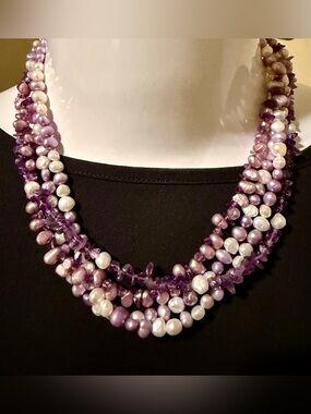 Vintage 14K Gold Multi-Strand Lavender Pearl & Amethyst Necklace Bracelet Set